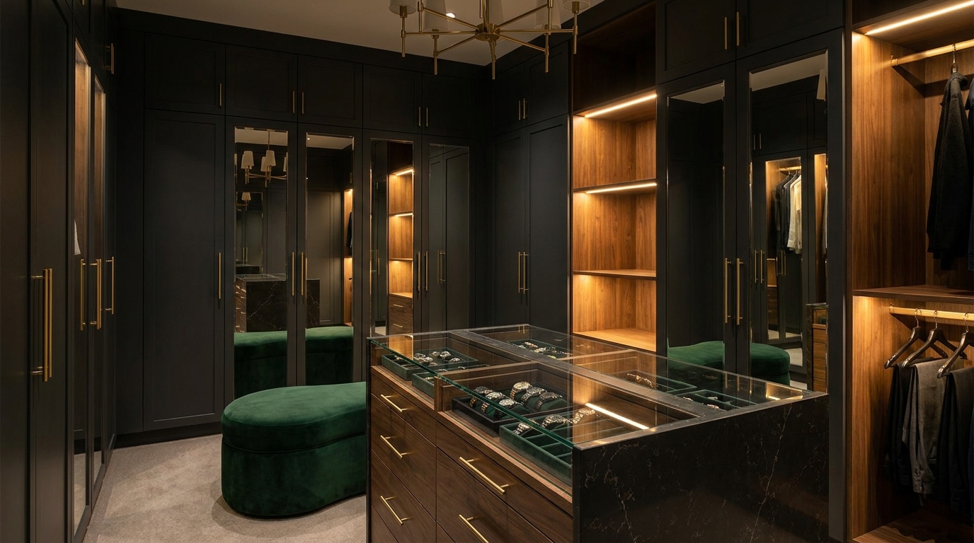 Glamorous walk-in closet with mirrored fronts