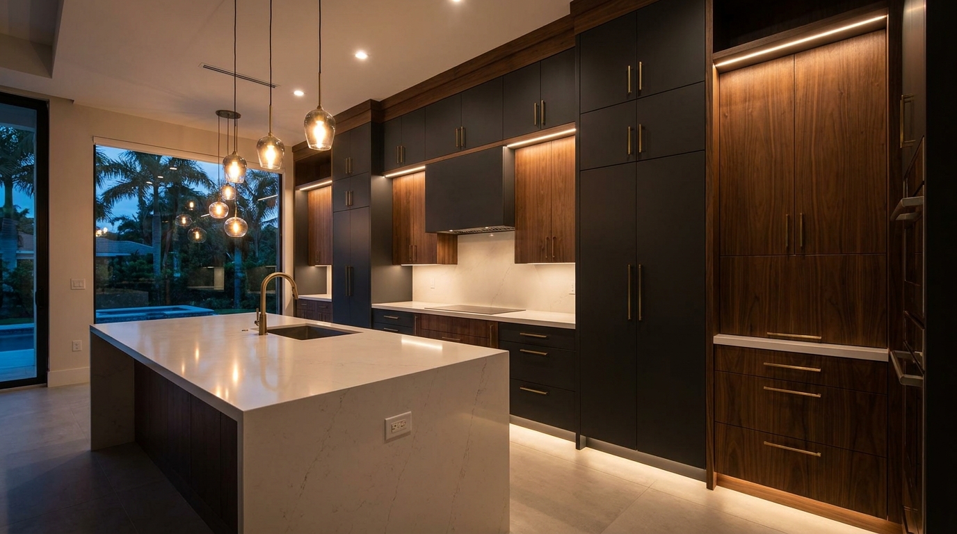 Dark luxury kitchen cabinetry at dusk