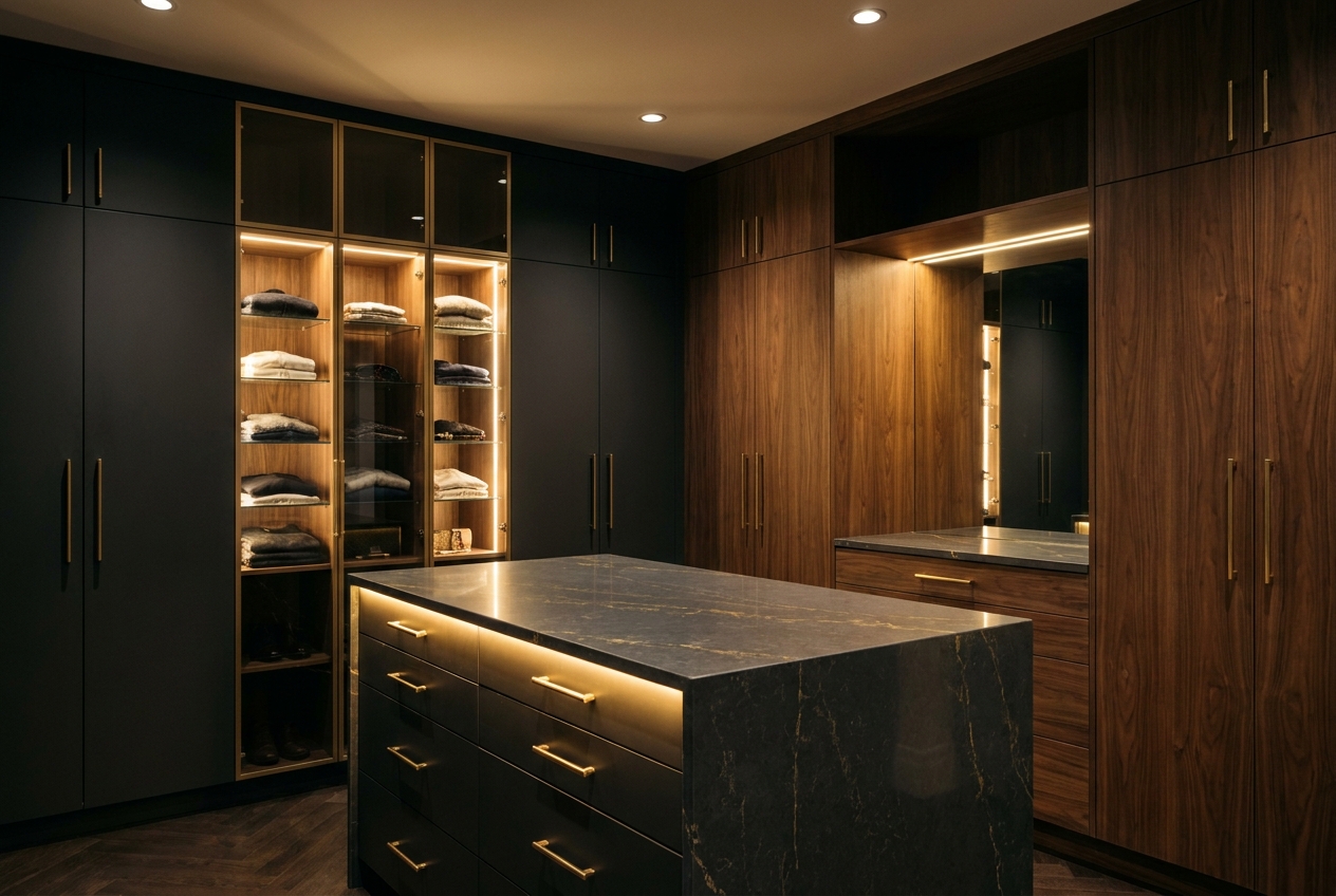 Luxury walk-in closet with built-in shelving