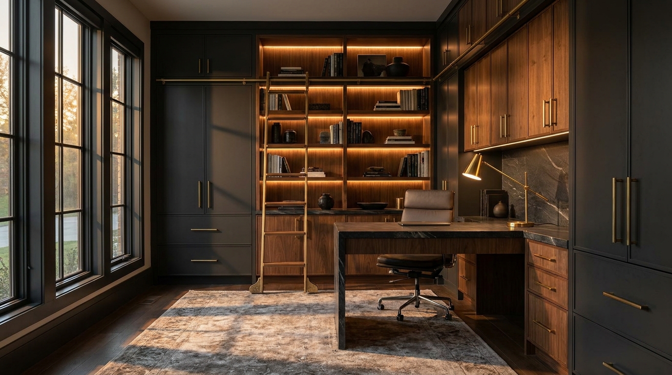 Custom home office cabinetry with built-in desk